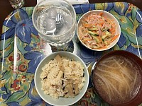 竹の子ご飯と春雨サラダと竹の子ご飯ともやしの味噌汁です